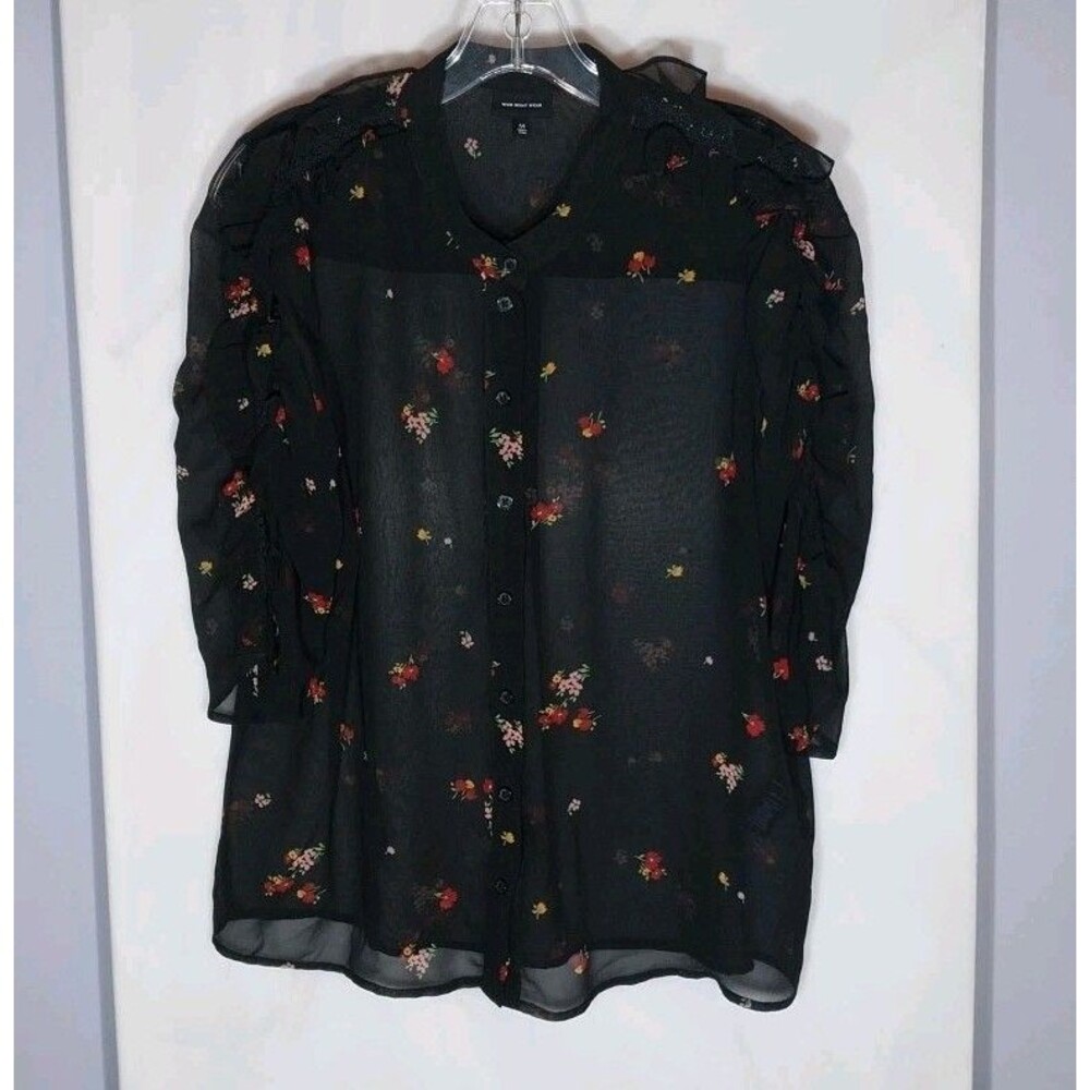 Who What Wear Sheer Ditsy Floral Blouse M Black Button Front Ruffle Shoulder